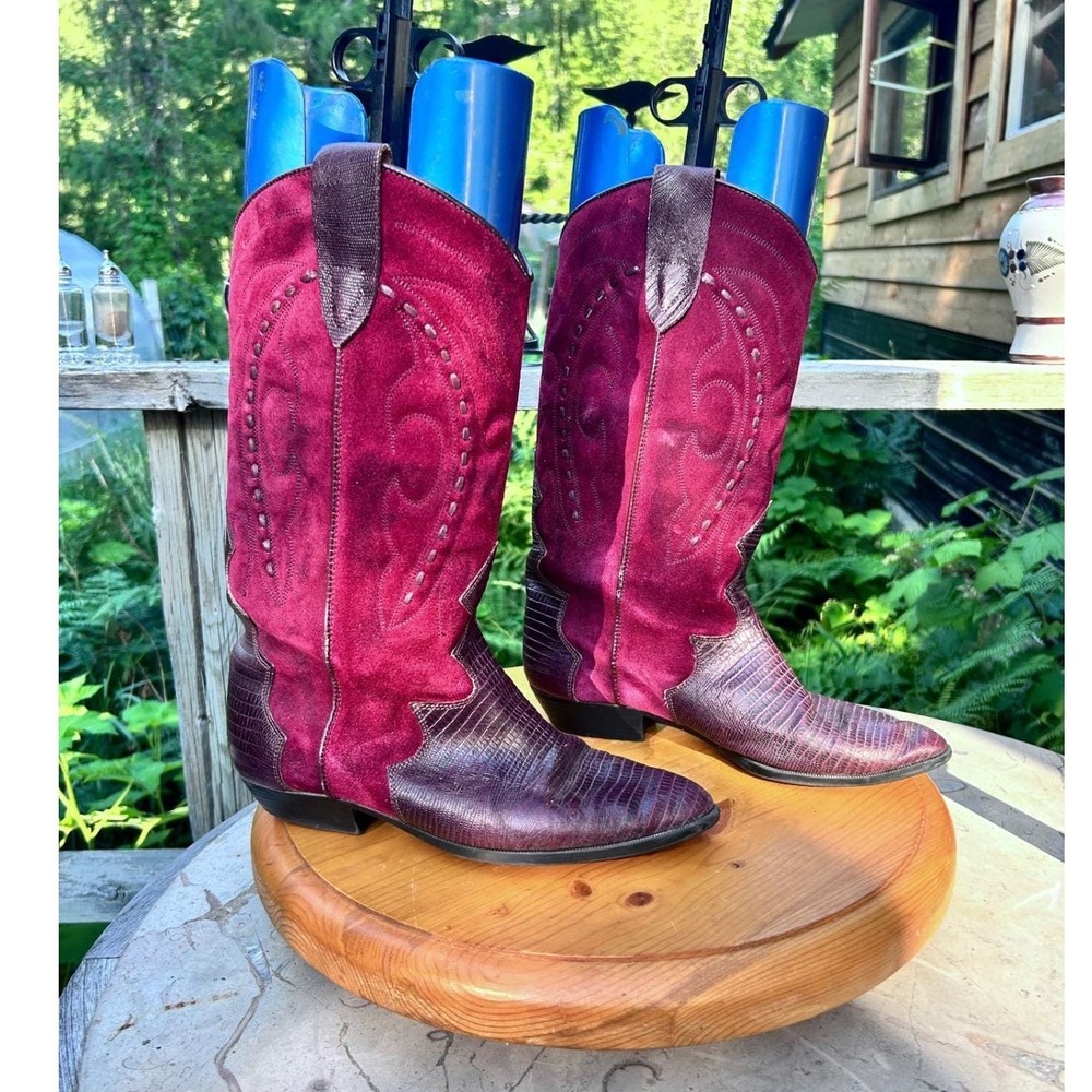 Vintage Cowboy Boots Womens Size 8.5 Burgundy Suede Lizard Leather 90s Chilis